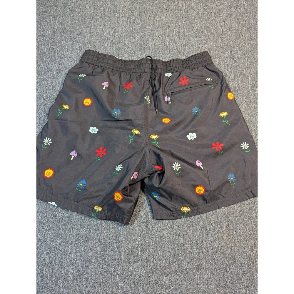 Vans Mens Large Black Mushroom Flower Sun Print Elastic Waist Mesh Lined Shorts